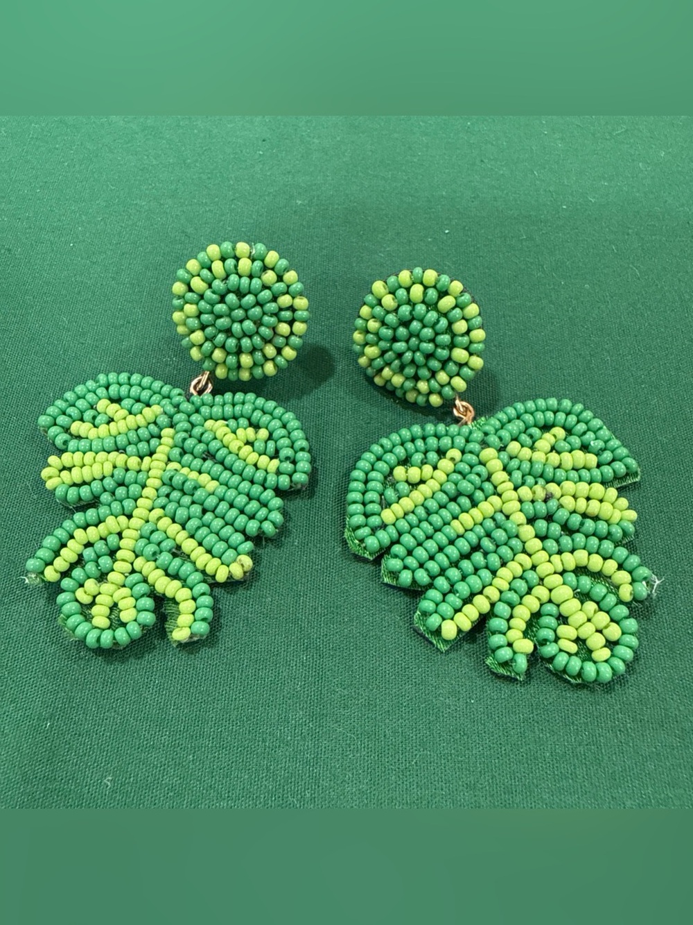 C&C California Hand Beaded Drop Earrings Shaped Like Monstera Leaves 99F